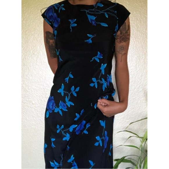 Vintage DBY Dark Floral Dress 7/8 Blue Black Maxi Fairy Whimsigoth Lace Back - Picture 3 of 9